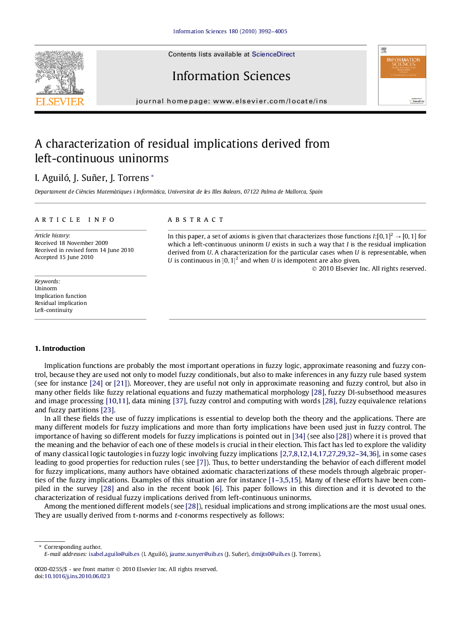 A characterization of residual implications derived from left-continuous uninorms