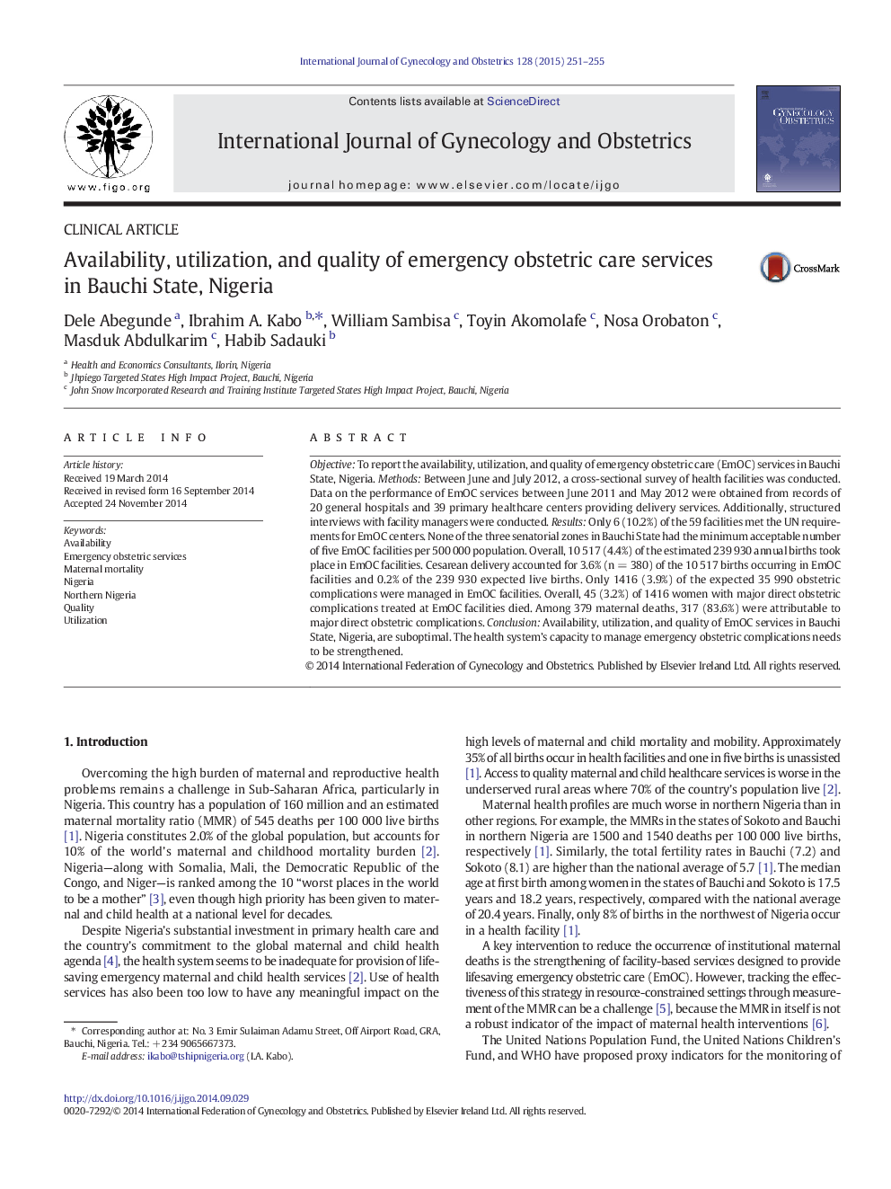 Availability, utilization, and quality of emergency obstetric care services in Bauchi State, Nigeria