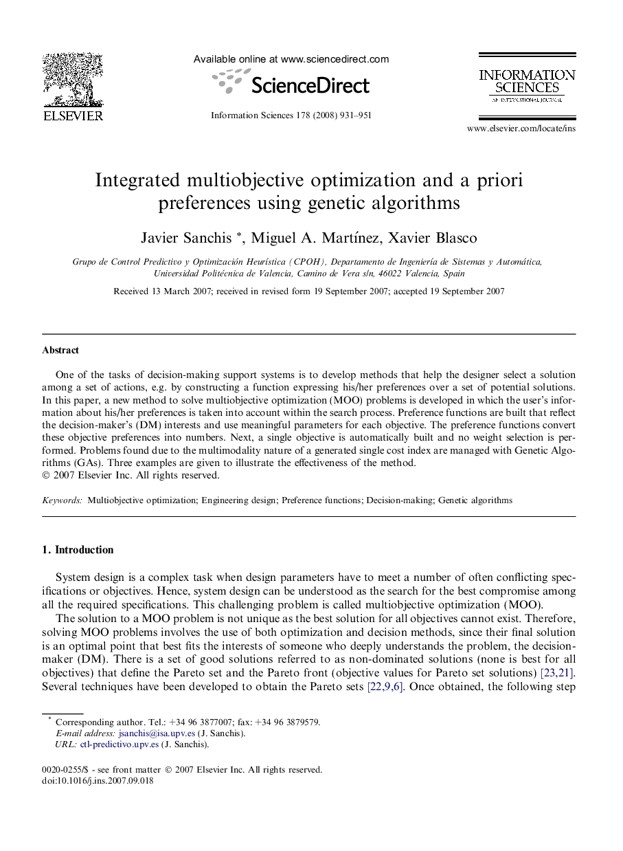 Integrated multiobjective optimization and a priori preferences using genetic algorithms
