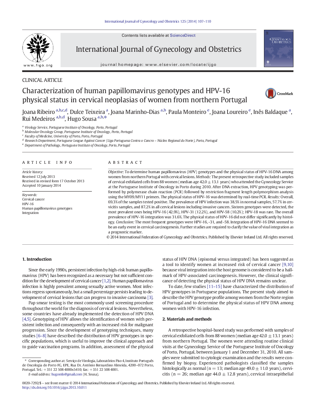 Characterization of human papillomavirus genotypes and HPV-16 physical status in cervical neoplasias of women from northern Portugal