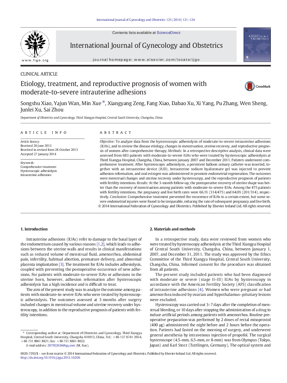 Etiology, treatment, and reproductive prognosis of women with moderate-to-severe intrauterine adhesions