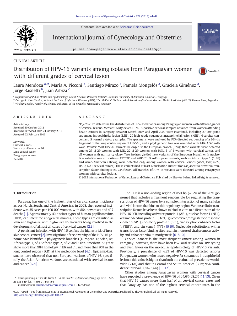 Distribution of HPV-16 variants among isolates from Paraguayan women with different grades of cervical lesion