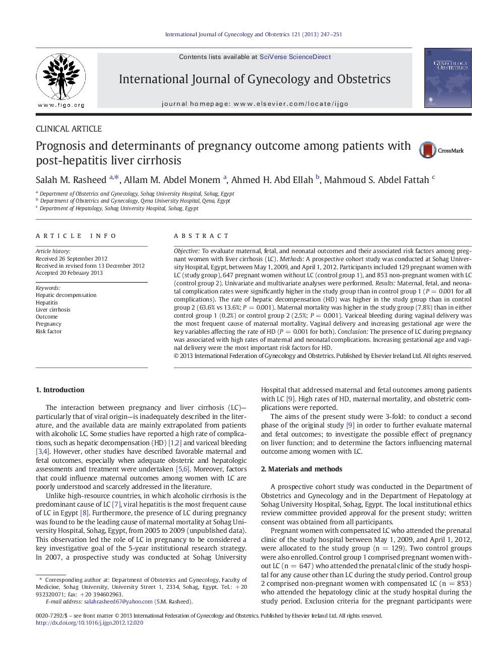 Prognosis and determinants of pregnancy outcome among patients with post-hepatitis liver cirrhosis