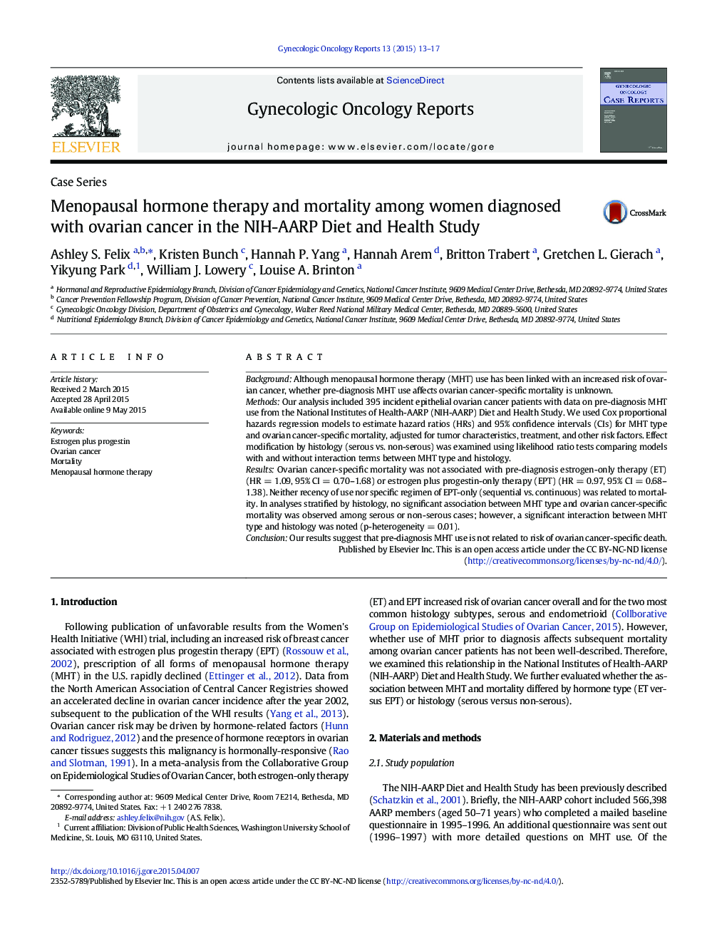 Menopausal hormone therapy and mortality among women diagnosed with ovarian cancer in the NIH-AARP Diet and Health Study