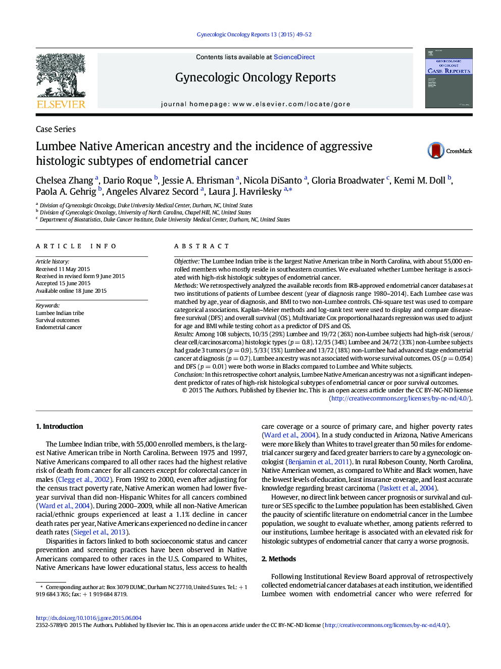 Lumbee Native American ancestry and the incidence of aggressive histologic subtypes of endometrial cancer