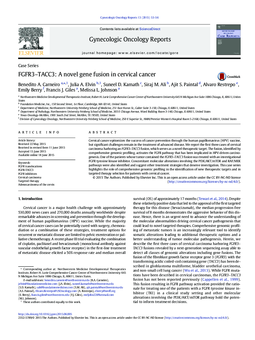 FGFR3–TACC3: A novel gene fusion in cervical cancer