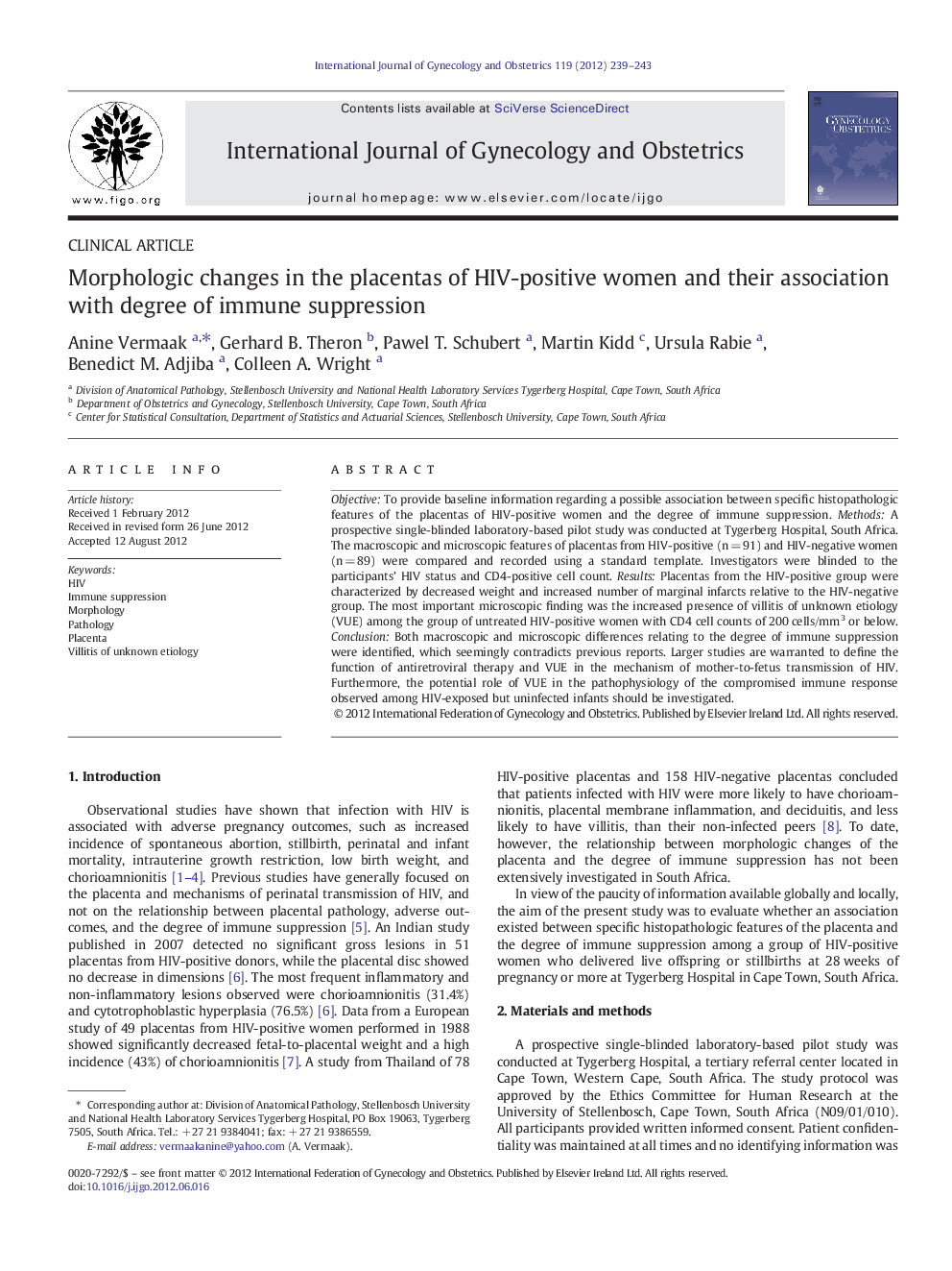 Morphologic changes in the placentas of HIV-positive women and their association with degree of immune suppression