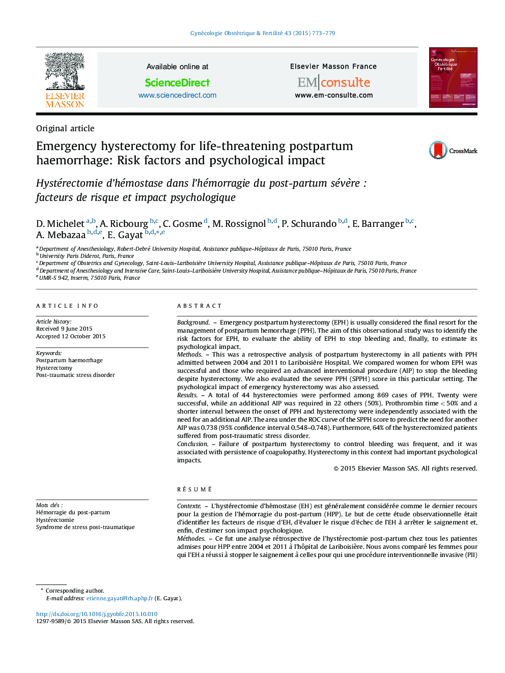 Emergency hysterectomy for life-threatening postpartum haemorrhage: Risk factors and psychological impact