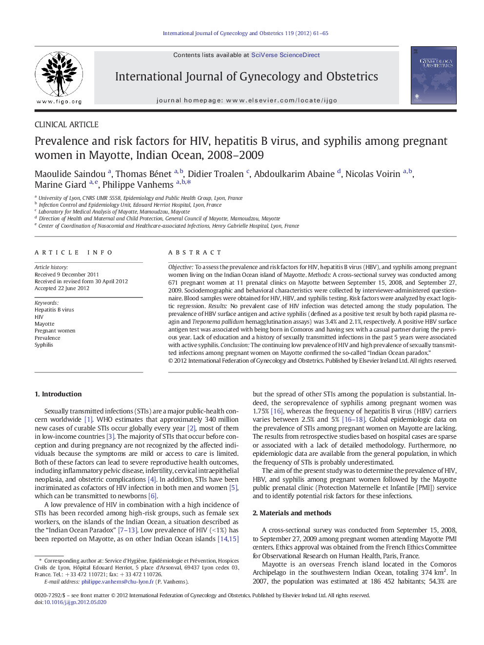 Prevalence and risk factors for HIV, hepatitis B virus, and syphilis among pregnant women in Mayotte, Indian Ocean, 2008–2009