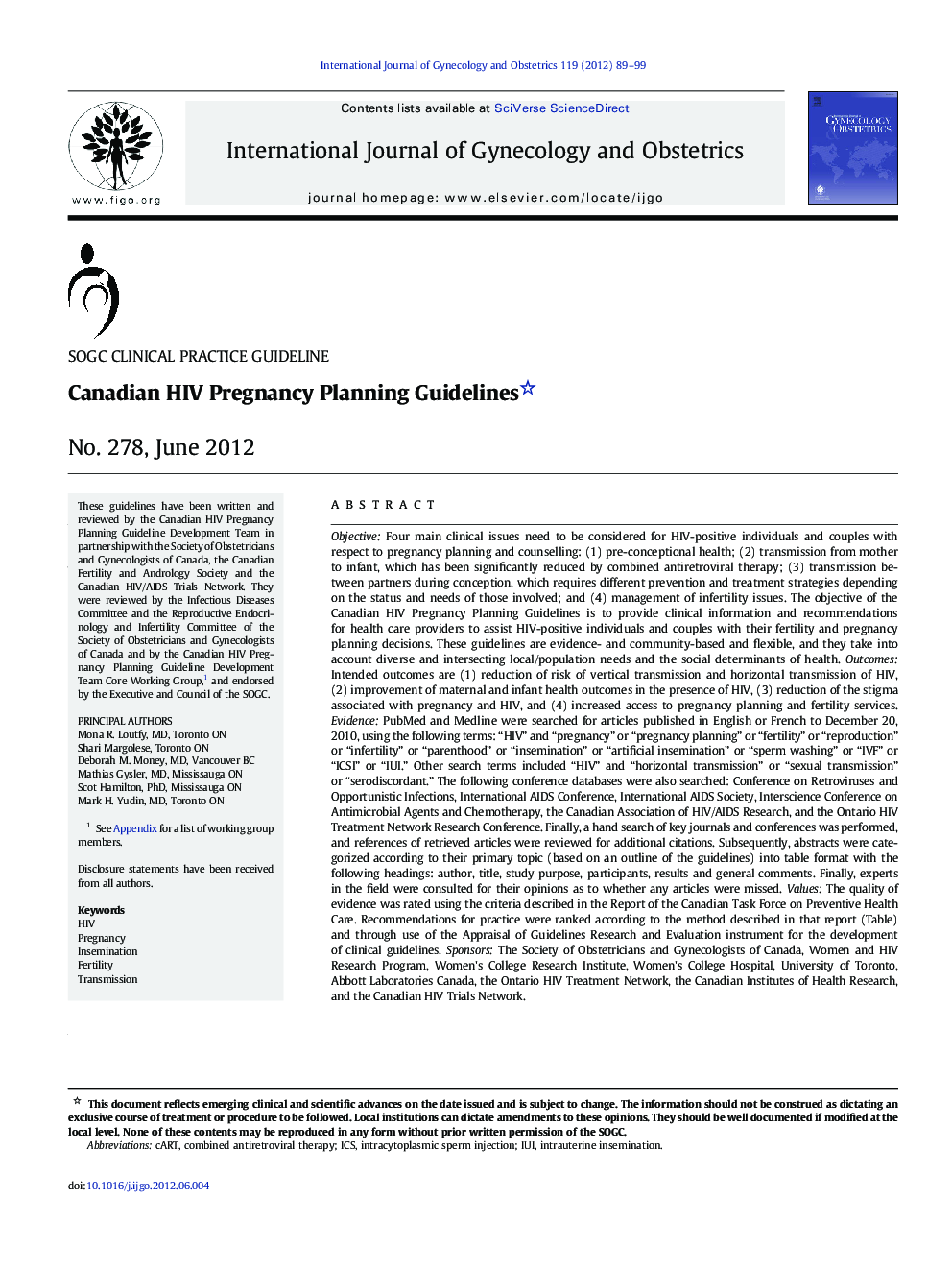 Canadian HIV Pregnancy Planning Guidelines: No. 278, June 2012 