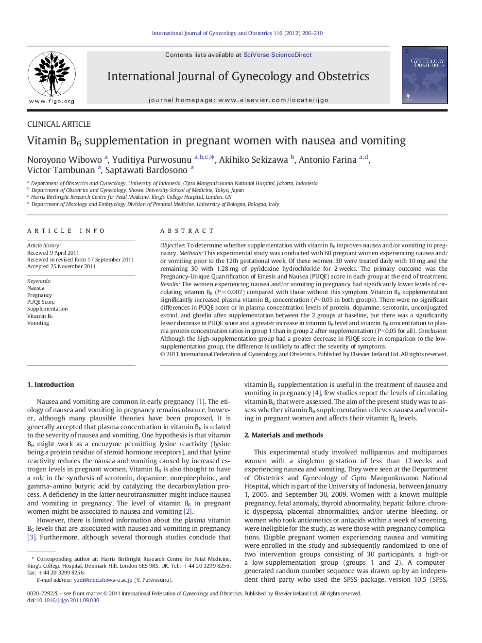 Vitamin B6 supplementation in pregnant women with nausea and vomiting