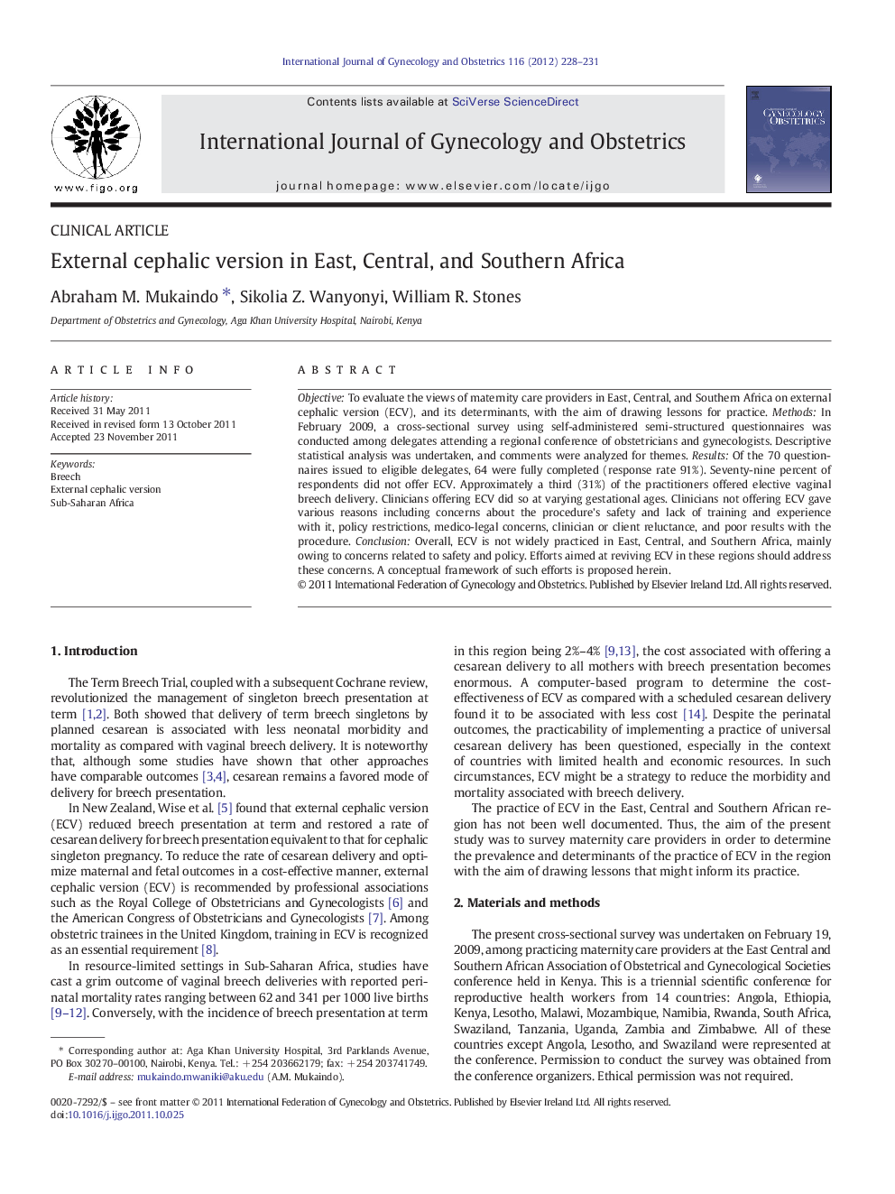 External cephalic version in East, Central, and Southern Africa