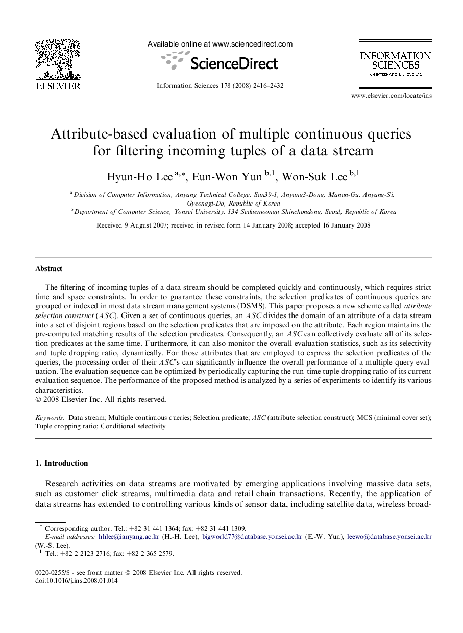 Attribute-based evaluation of multiple continuous queries for filtering incoming tuples of a data stream