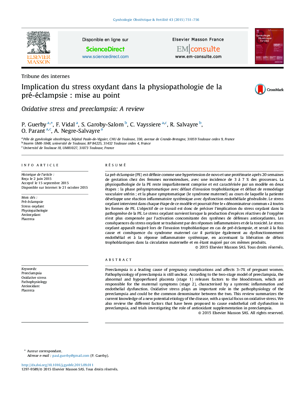 Implication du stress oxydant dans la physiopathologie de la pré-éclampsie : mise au point