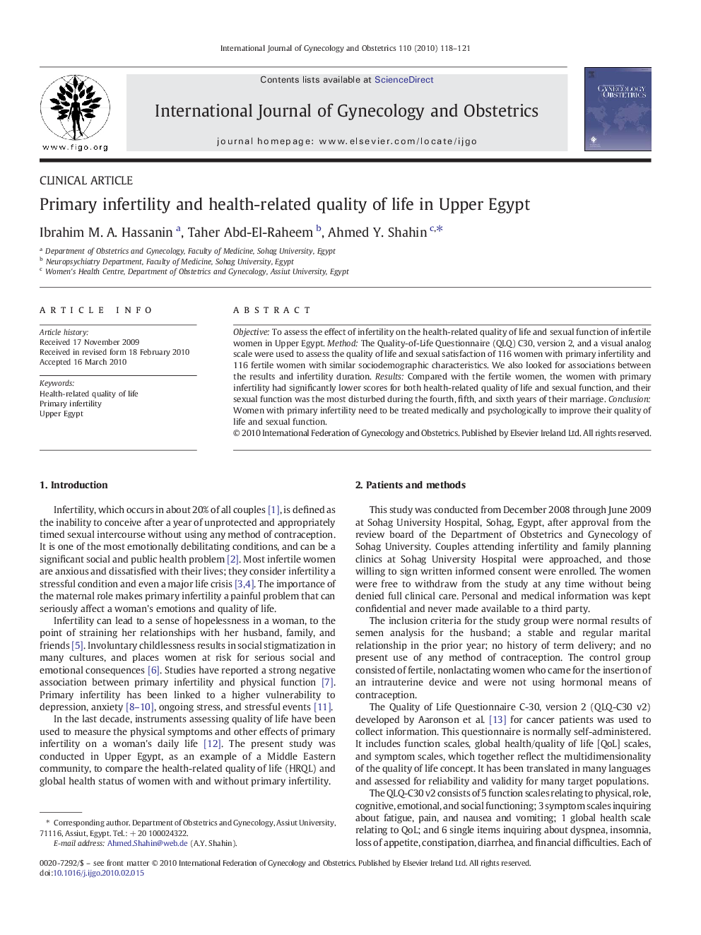 Primary infertility and health-related quality of life in Upper Egypt