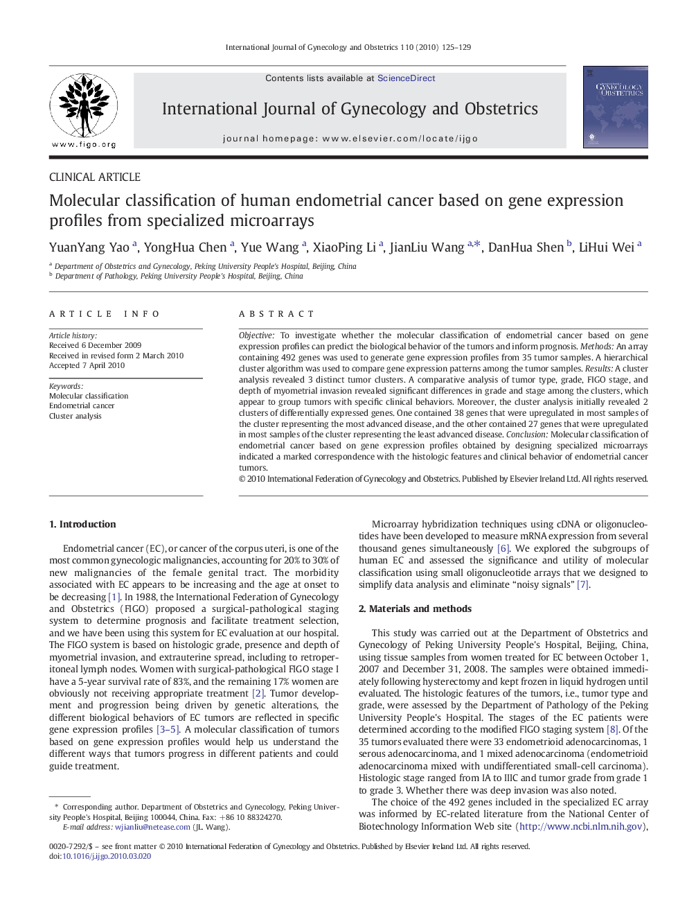 Molecular classification of human endometrial cancer based on gene expression profiles from specialized microarrays