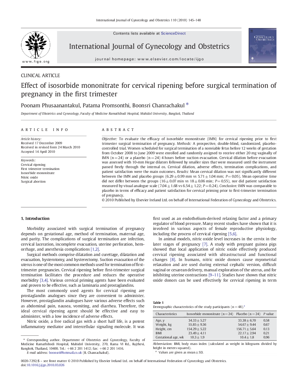 Effect of isosorbide mononitrate for cervical ripening before surgical termination of pregnancy in the first trimester