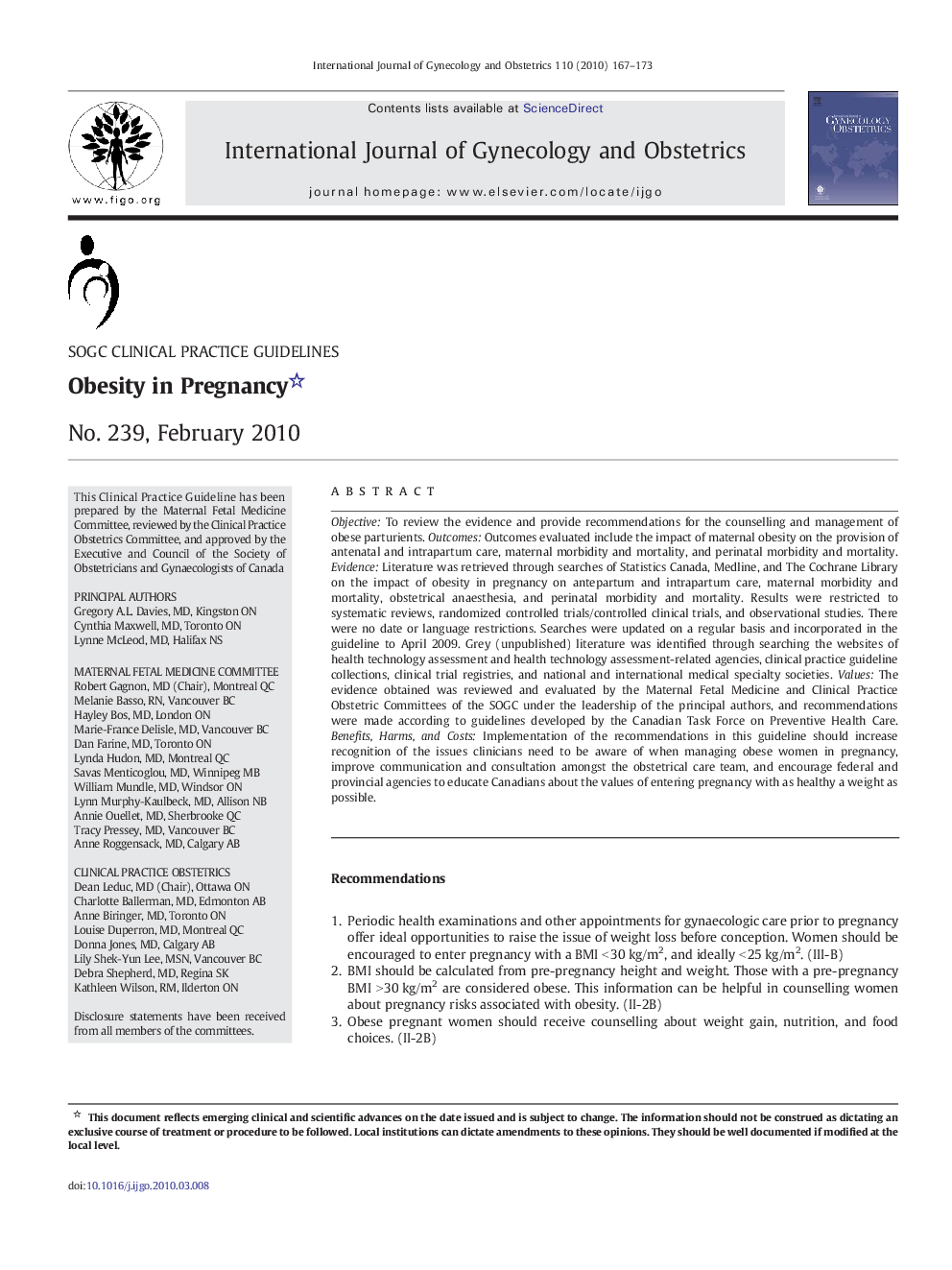 عکس صفحه اول مقاله: Obesity in Pregnancy: No. 239, February 2010 Obesity in Pregnancy: No. 239, February 2010