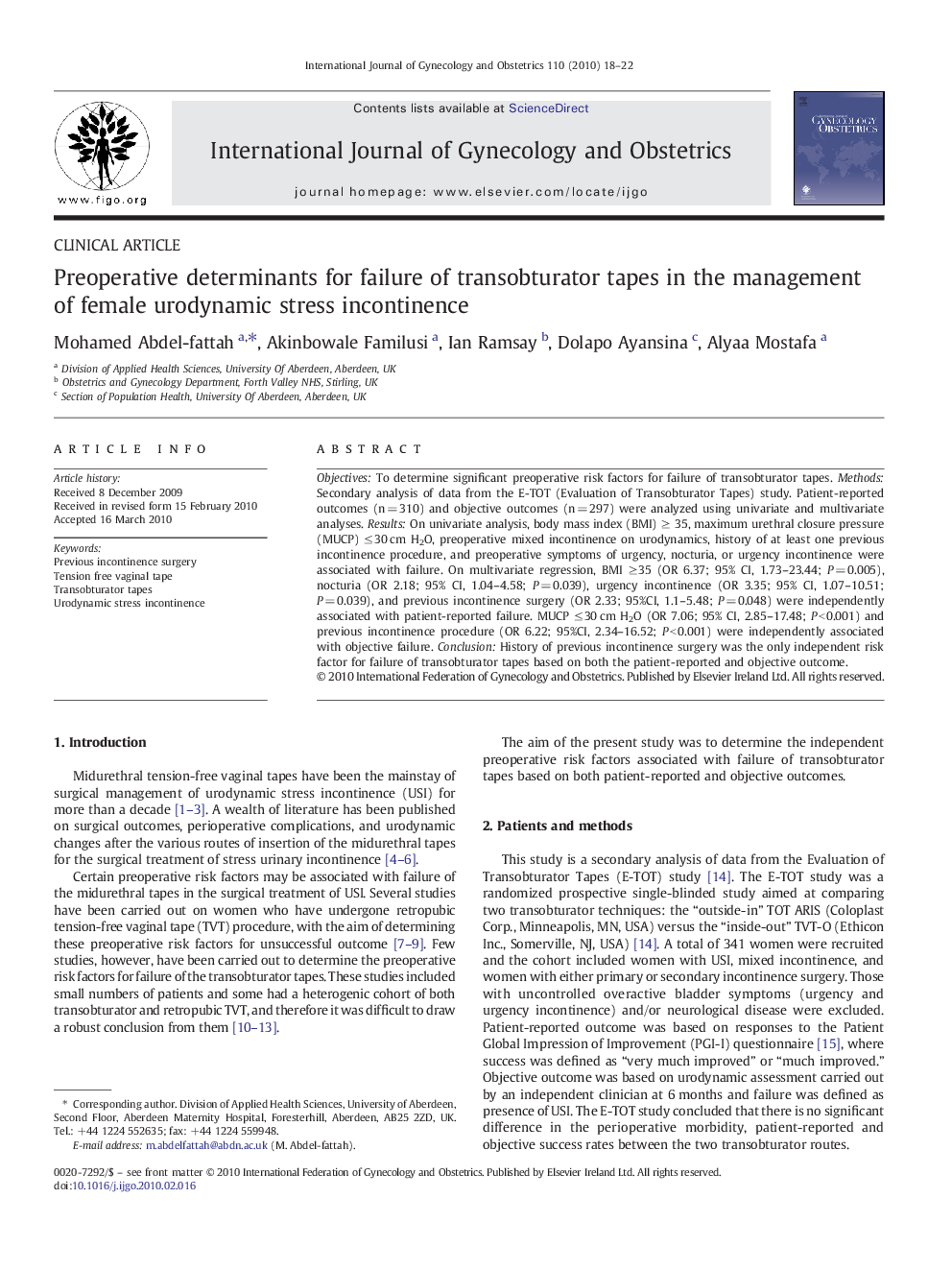 Preoperative determinants for failure of transobturator tapes in the management of female urodynamic stress incontinence