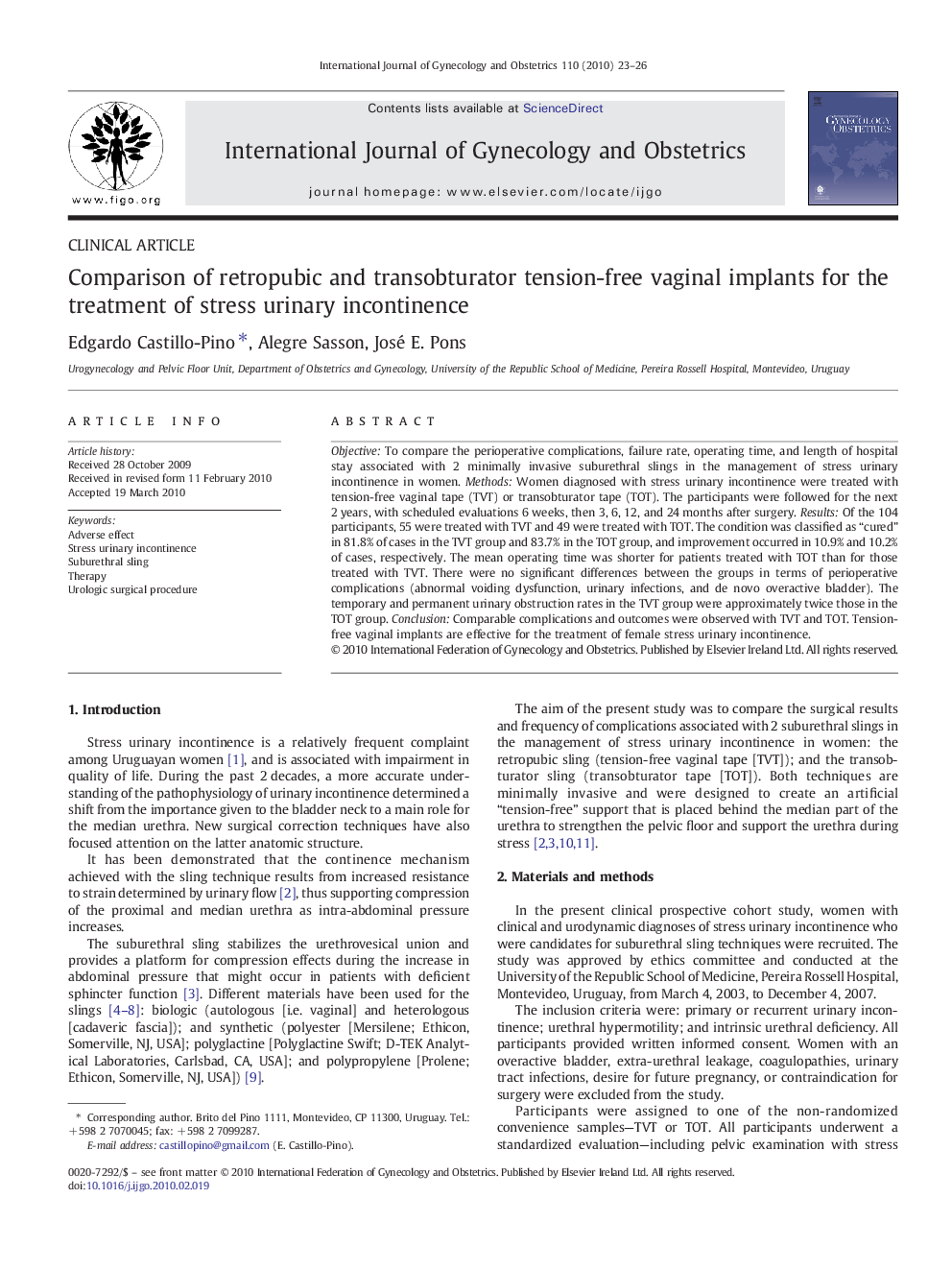 Comparison of retropubic and transobturator tension-free vaginal implants for the treatment of stress urinary incontinence