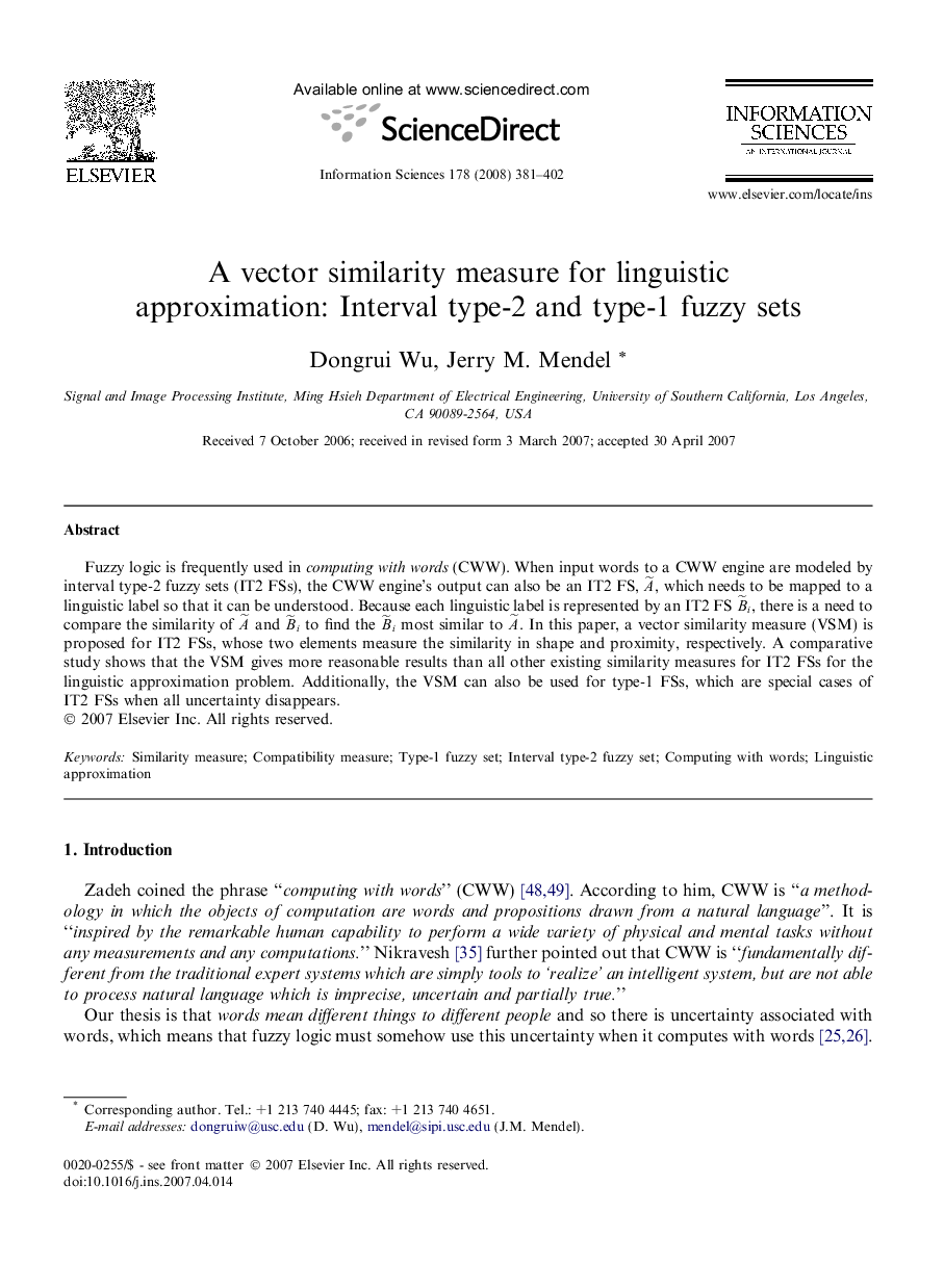 A vector similarity measure for linguistic approximation: Interval type-2 and type-1 fuzzy sets