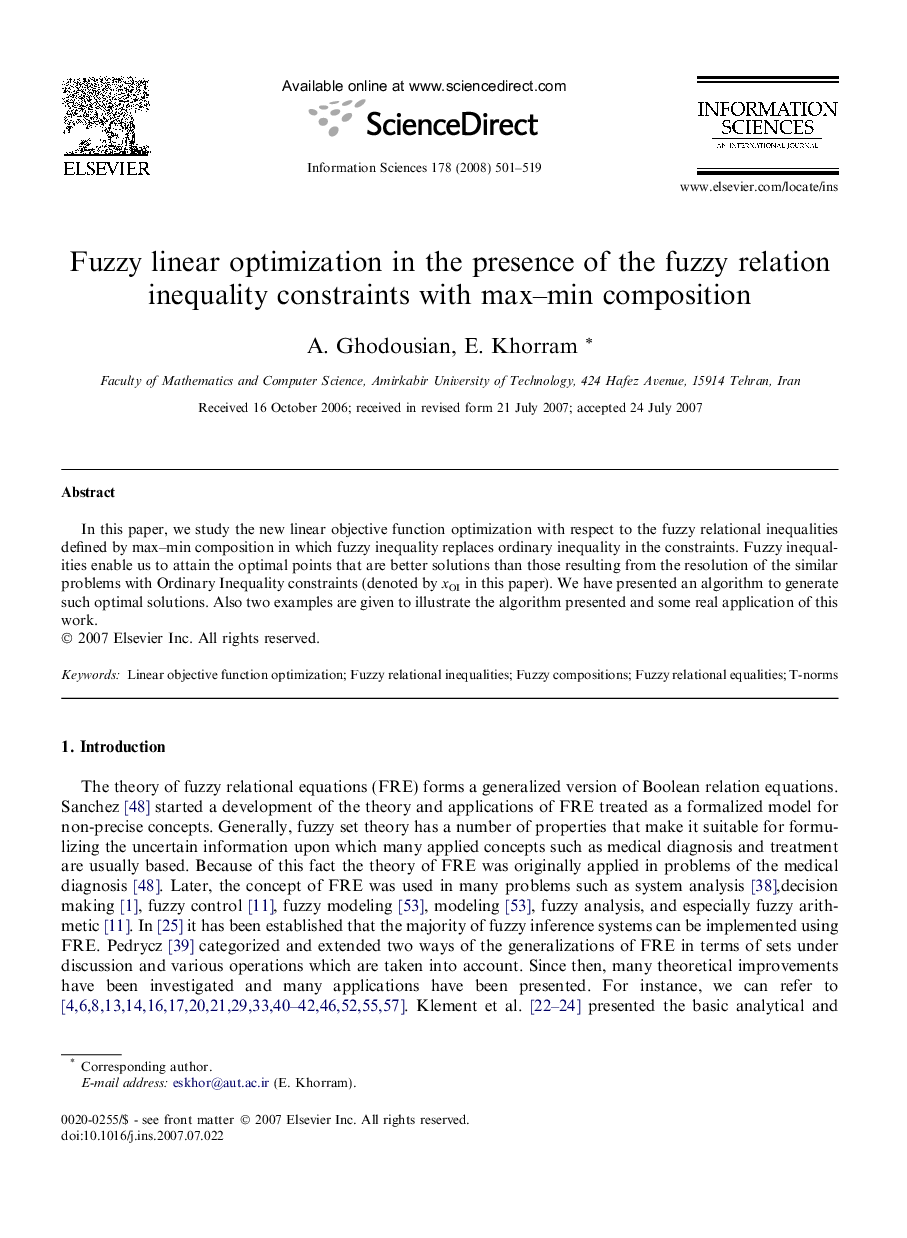 Fuzzy linear optimization in the presence of the fuzzy relation inequality constraints with max–min composition