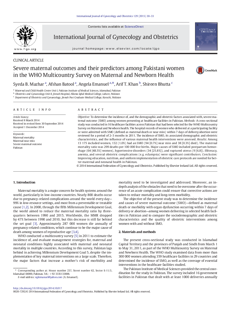 Severe maternal outcomes and their predictors among Pakistani women in the WHO Multicountry Survey on Maternal and Newborn Health