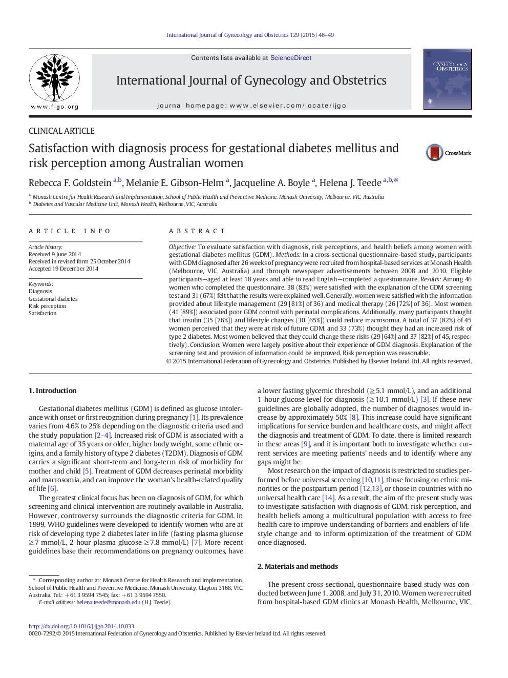 Satisfaction with diagnosis process for gestational diabetes mellitus and risk perception among Australian women