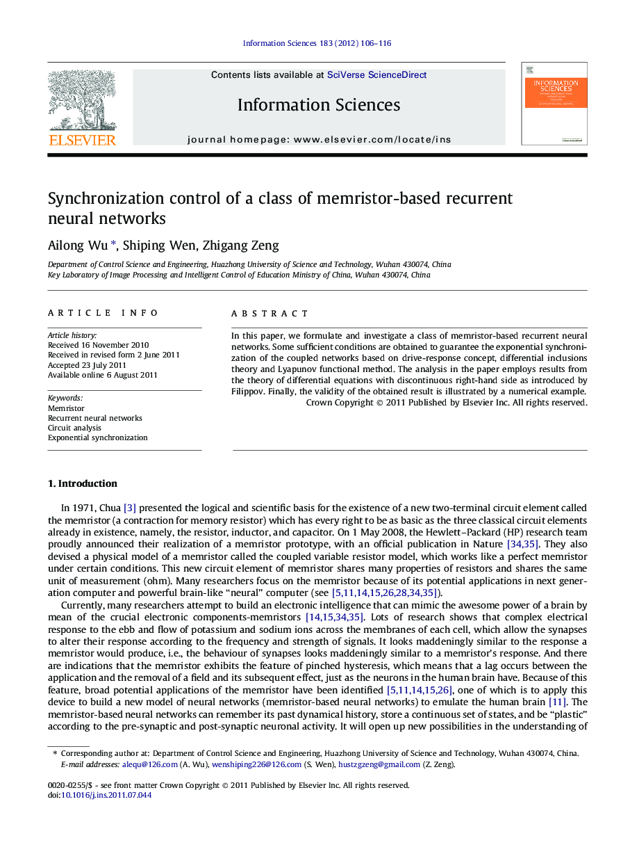 Synchronization control of a class of memristor-based recurrent neural networks