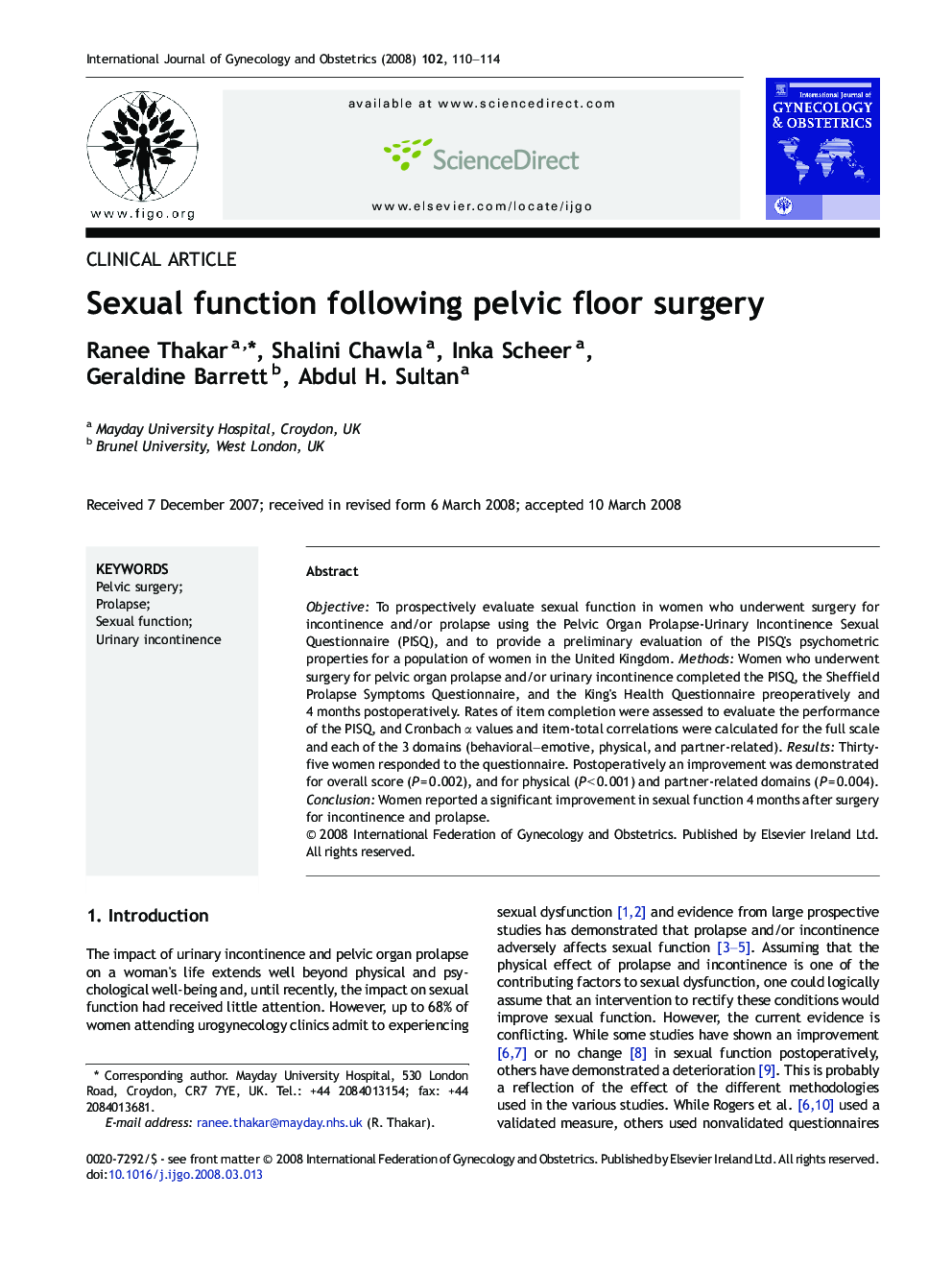 Sexual function following pelvic floor surgery