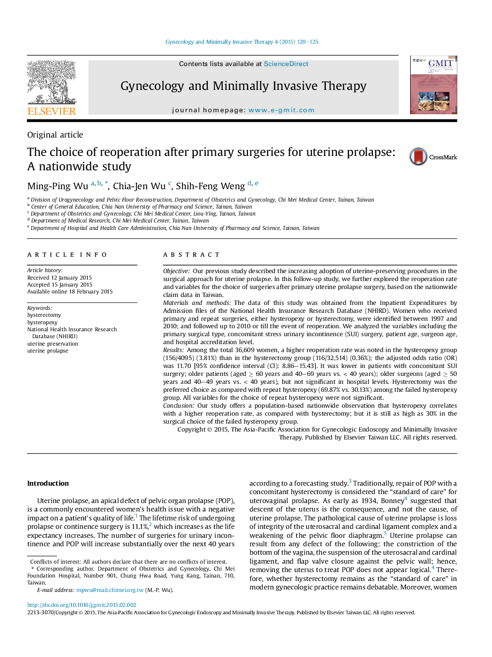 The choice of reoperation after primary surgeries for uterine prolapse: A nationwide study 