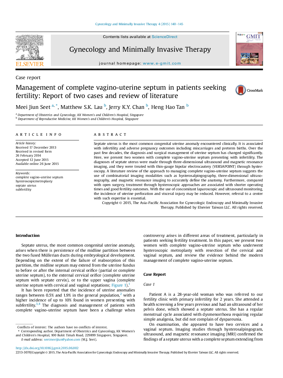 Management of complete vagino-uterine septum in patients seeking fertility: Report of two cases and review of literature 