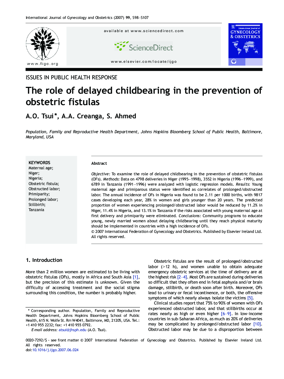 The role of delayed childbearing in the prevention of obstetric fistulas