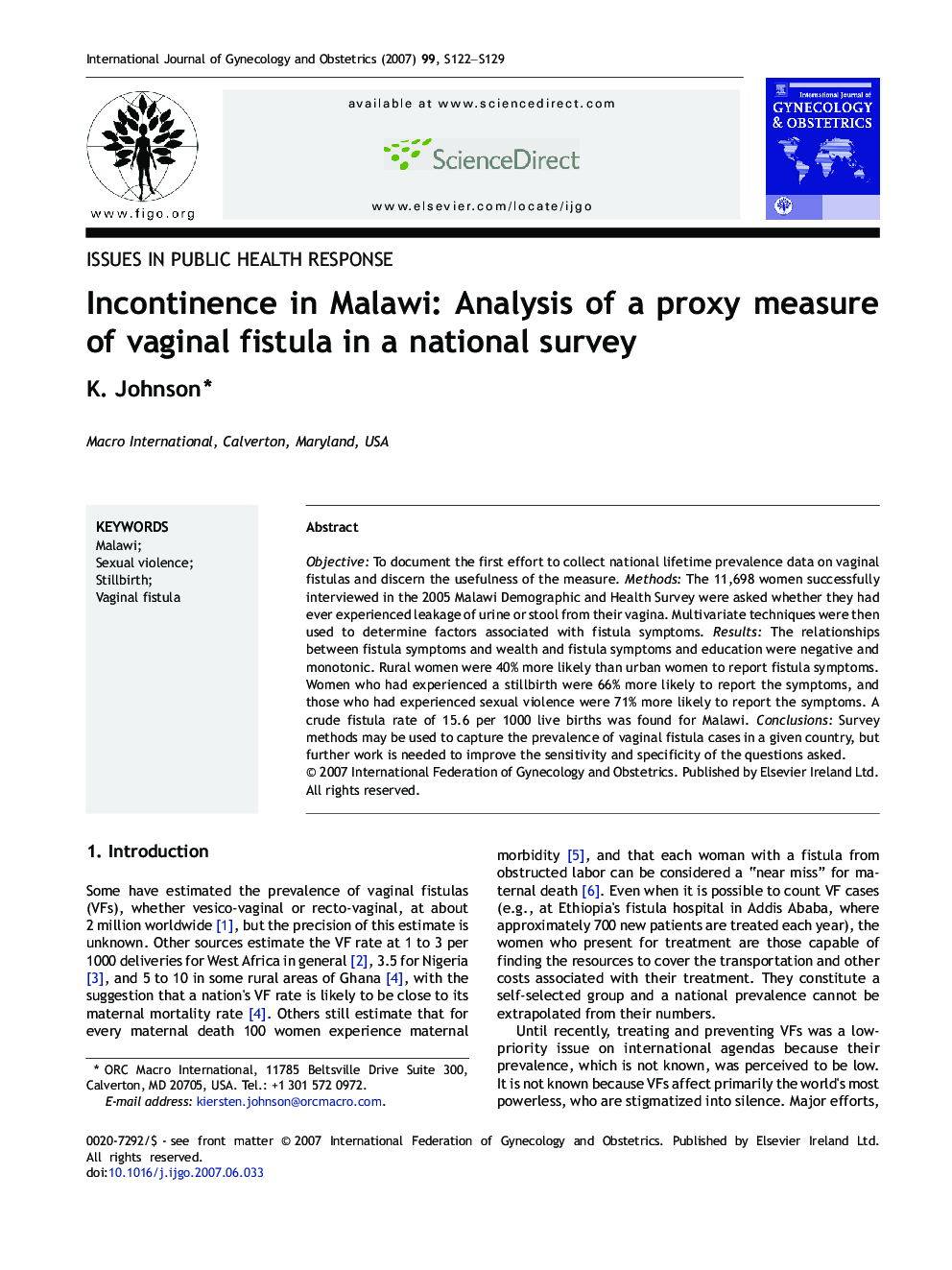 Incontinence in Malawi: Analysis of a proxy measure of vaginal fistula in a national survey