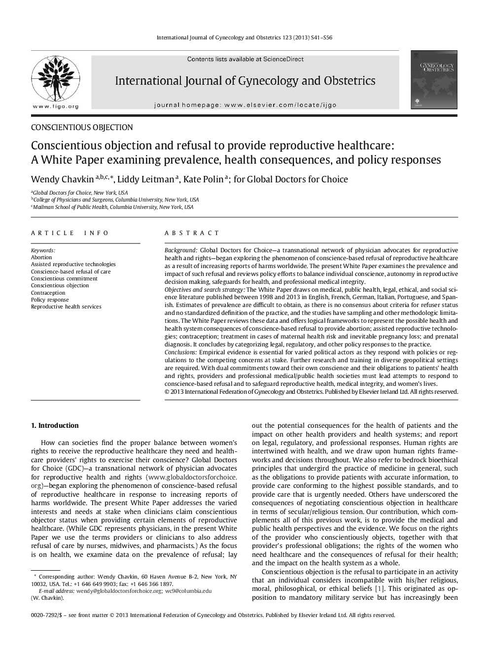 Conscientious objection and refusal to provide reproductive healthcare: A White Paper examining prevalence, health consequences, and policy responses 