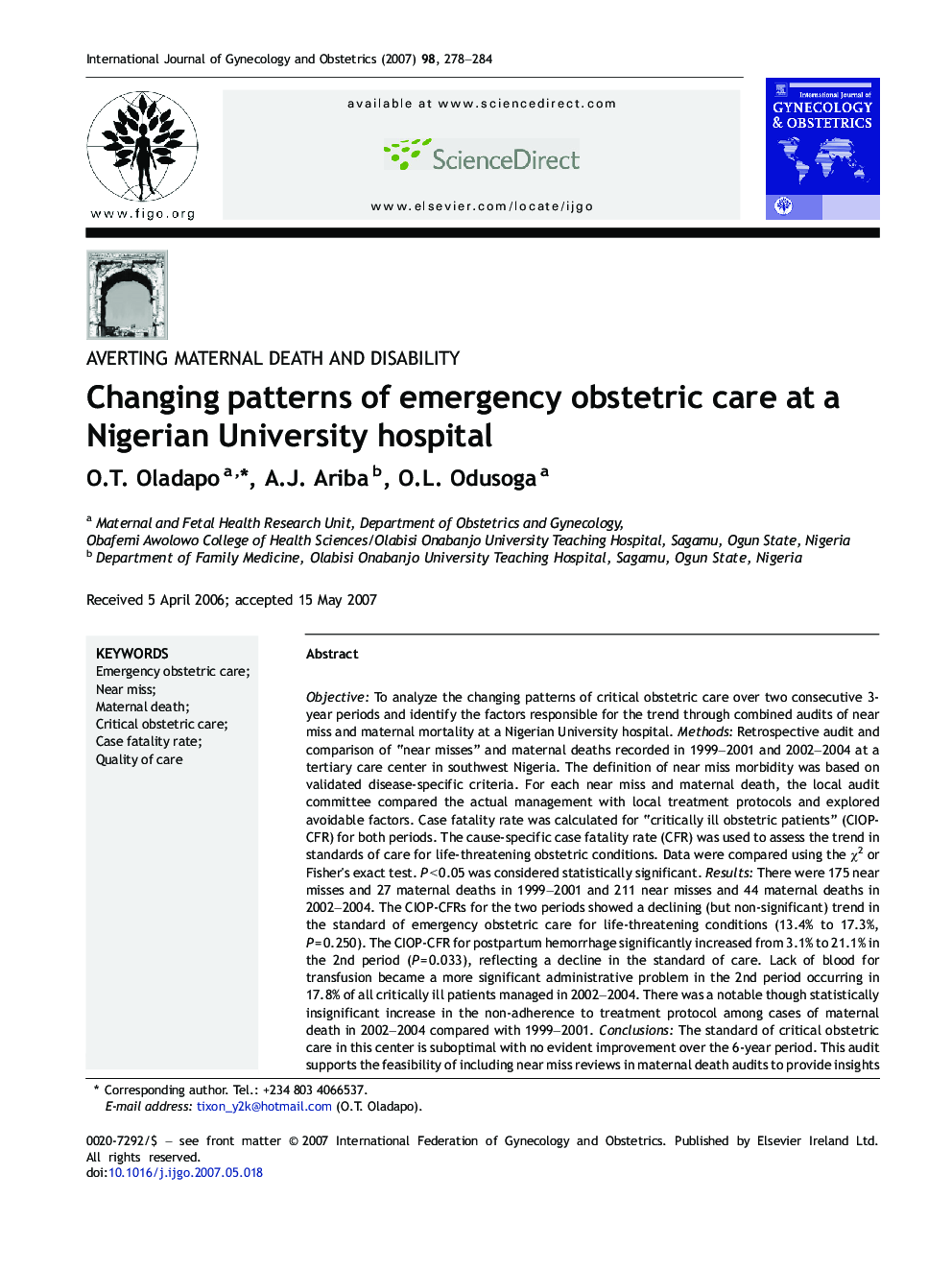 Changing patterns of emergency obstetric care at a Nigerian University hospital