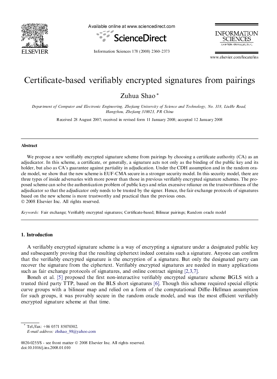 Certificate-based verifiably encrypted signatures from pairings