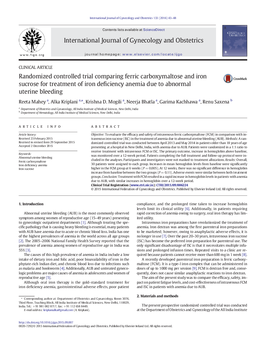 Randomized controlled trial comparing ferric carboxymaltose and iron sucrose for treatment of iron deficiency anemia due to abnormal uterine bleeding