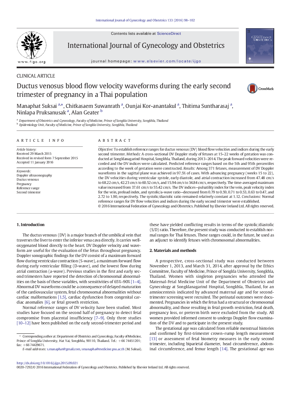 Ductus venosus blood flow velocity waveforms during the early second trimester of pregnancy in a Thai population