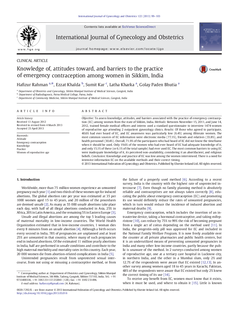 Knowledge of, attitudes toward, and barriers to the practice of emergency contraception among women in Sikkim, India