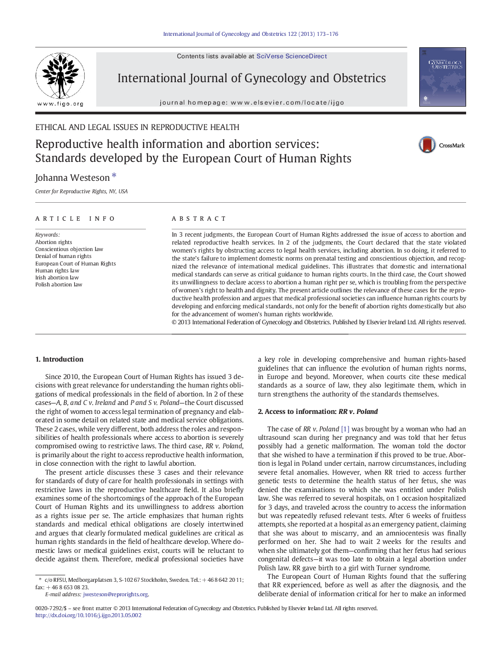 عکس صفحه اول مقاله: Reproductive health information and abortion services: Standards developed by the European Court of Human Rights Reproductive health information and abortion services: Standards developed by the European Court of Human Rights