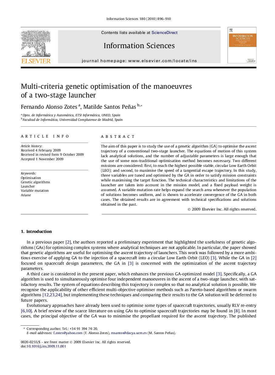 Multi-criteria genetic optimisation of the manoeuvres of a two-stage launcher