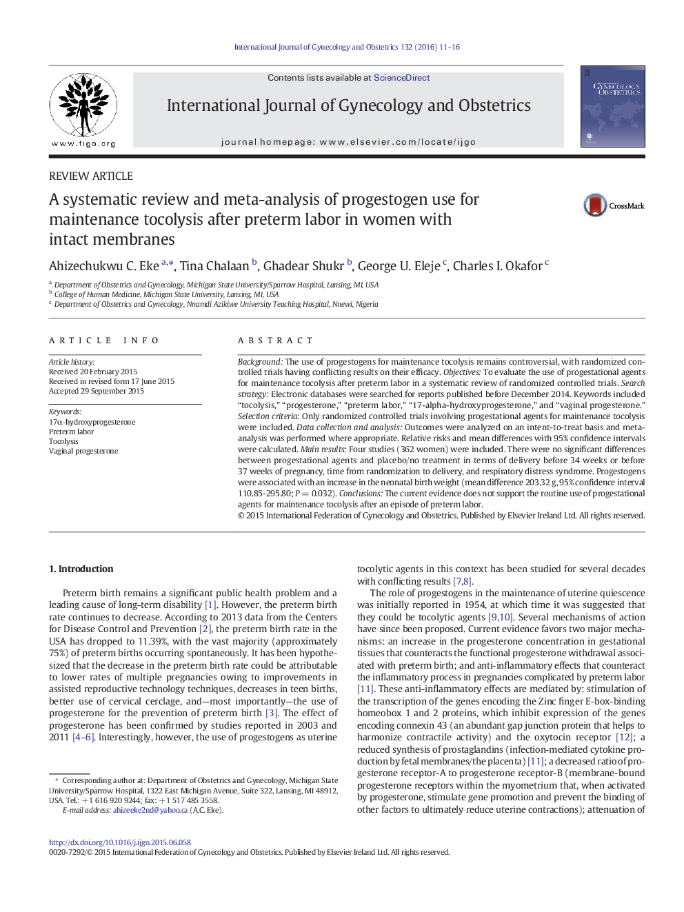 A systematic review and meta-analysis of progestogen use for maintenance tocolysis after preterm labor in women with intact membranes