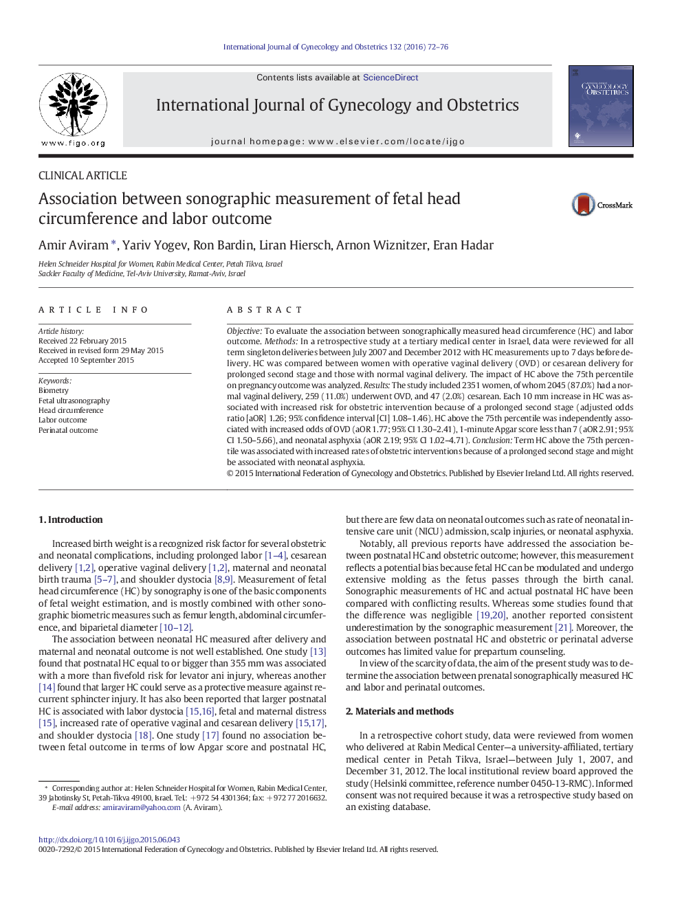 Association between sonographic measurement of fetal head circumference and labor outcome