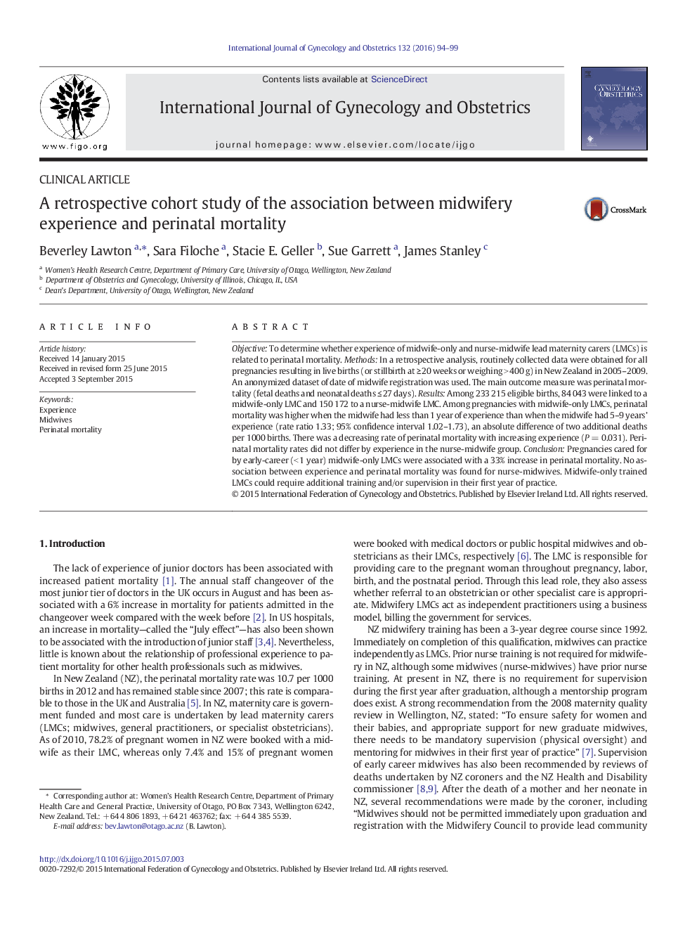 A retrospective cohort study of the association between midwifery experience and perinatal mortality