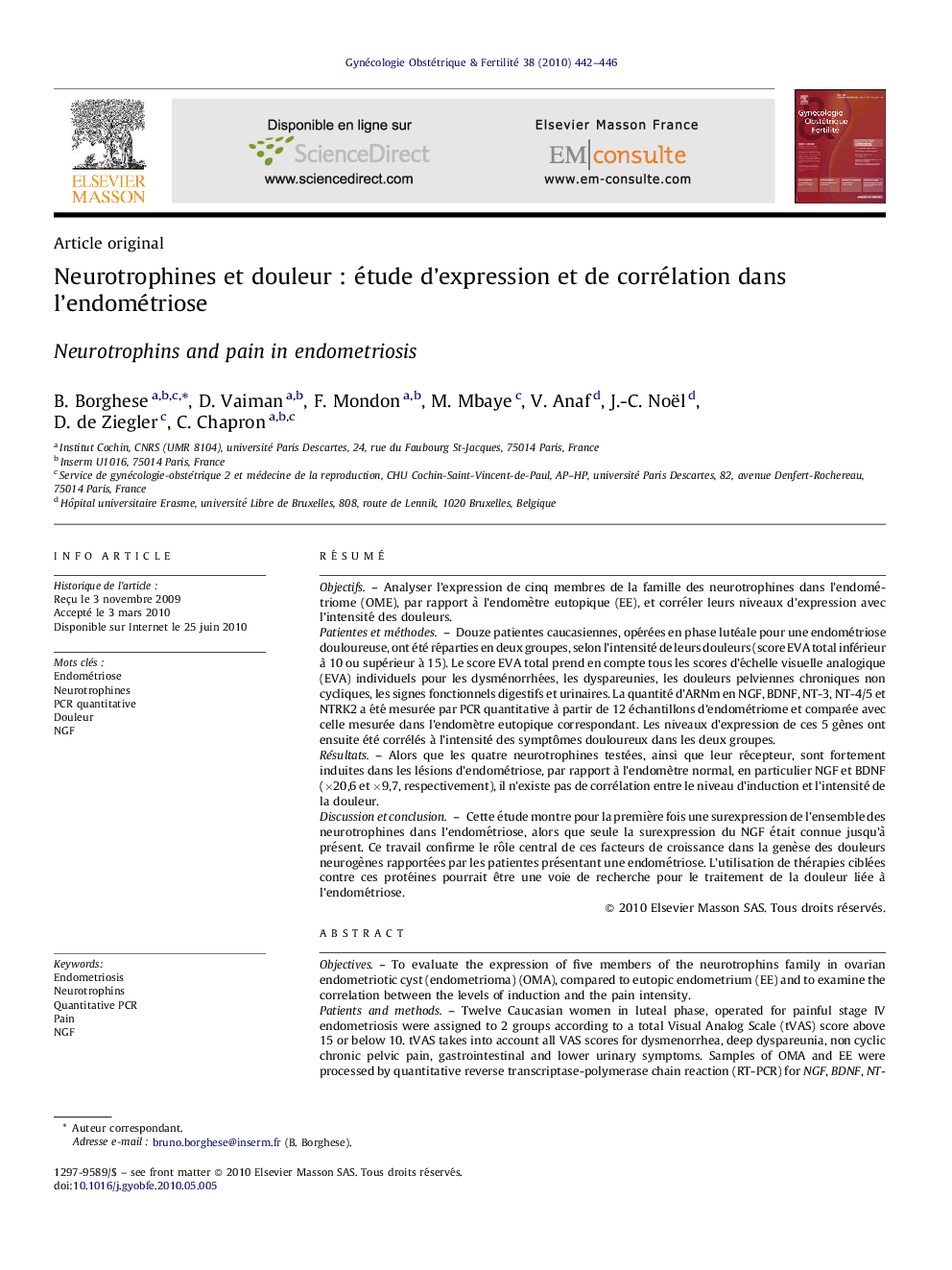 Neurotrophines et douleur : étude d’expression et de corrélation dans l’endométriose