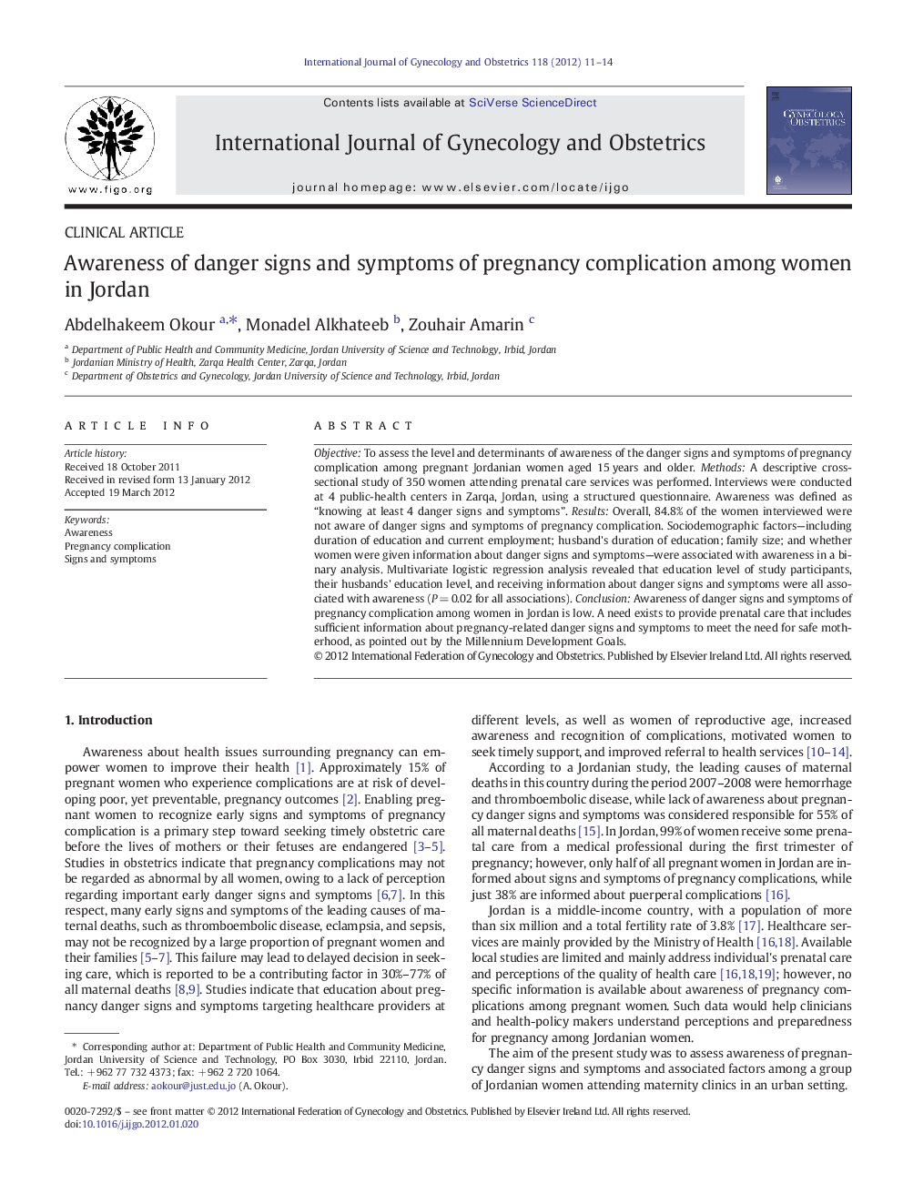 Awareness of danger signs and symptoms of pregnancy complication among women in Jordan