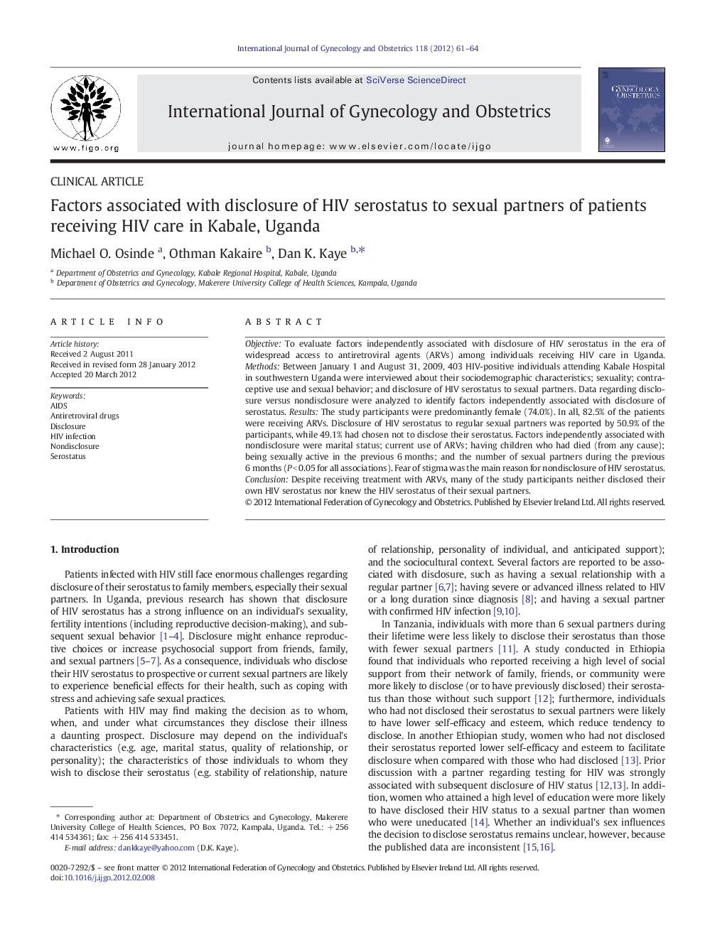 Factors associated with disclosure of HIV serostatus to sexual partners of patients receiving HIV care in Kabale, Uganda