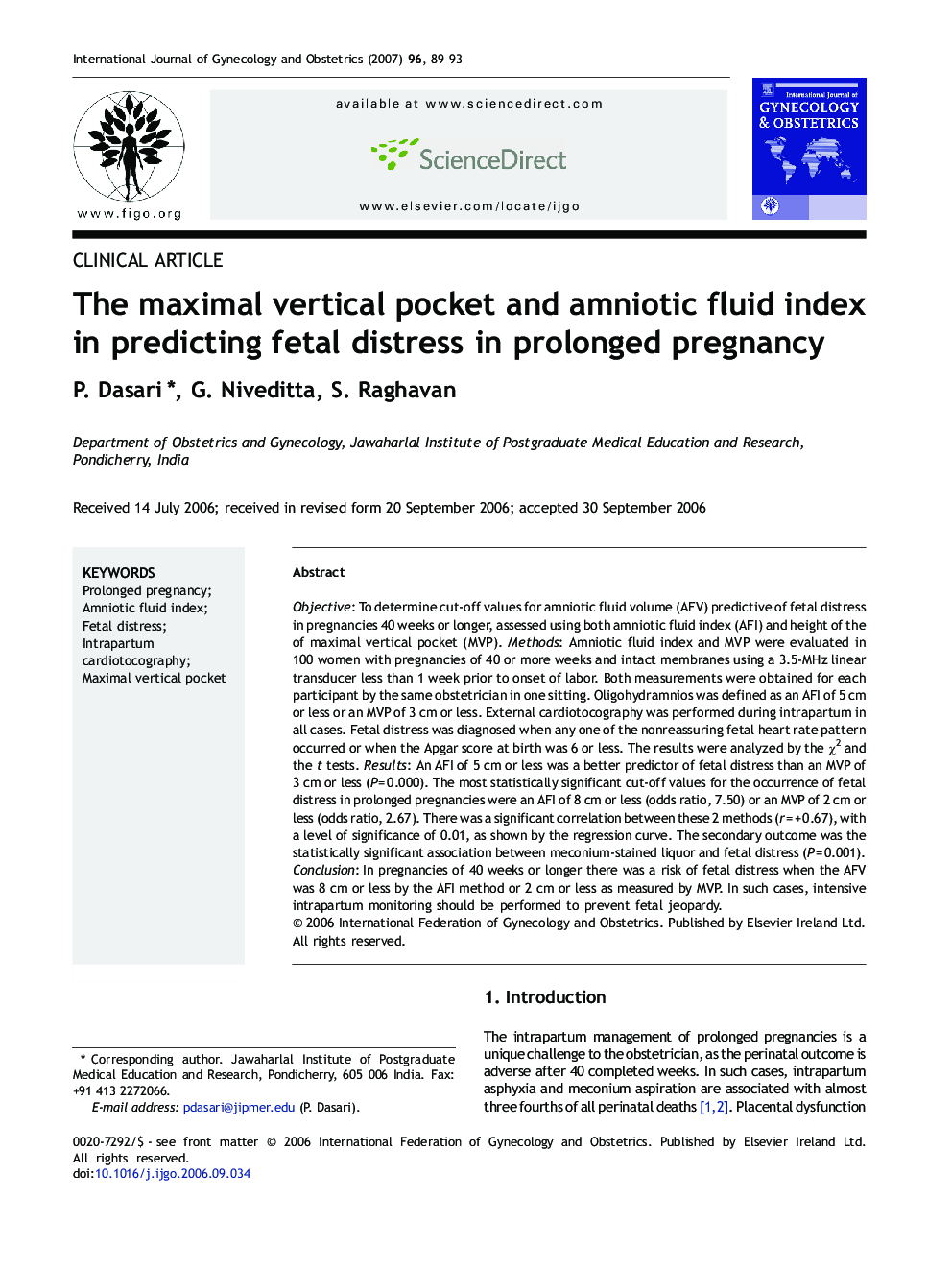 The maximal vertical pocket and amniotic fluid index in predicting fetal distress in prolonged pregnancy