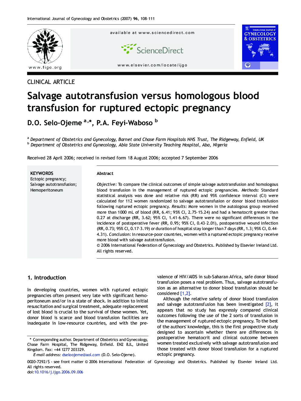 Salvage autotransfusion versus homologous blood transfusion for ruptured ectopic pregnancy